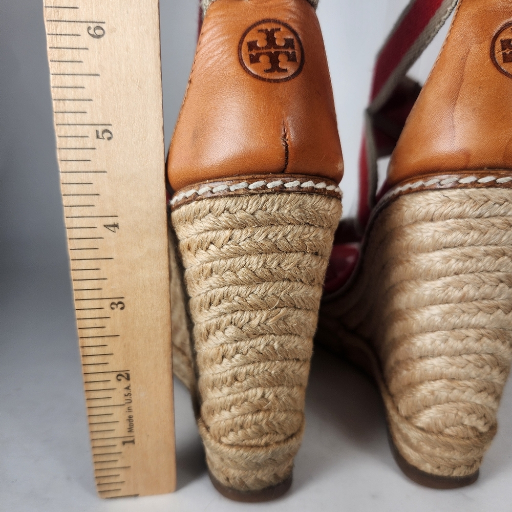 TORY BURCH Women's Adonis Espadrille Sandal Size 5 Red Wedge Leather Made Spain - Picture 8 of 12